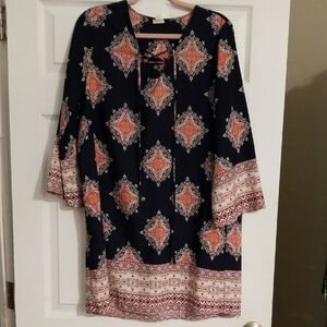 Navy and Coral Patterned Dress